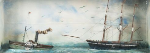 A 19th century diorama of the Tyne paddle tug 'Unity' piloting the clipper 'Bella':,