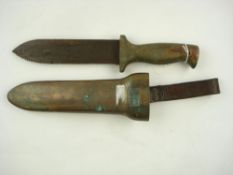 A brass and steel diver's knife by C E Heinke & Co, London:, 6 1/4 inch single edge serrated blade,