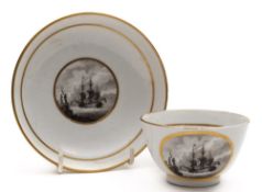 An early 19th century Newhall type porcelain teabowl and saucer with maritime decoration:,