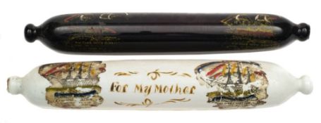 Two 19th century maritime themed glass rolling pins: both with transfer decoration,
