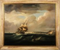 Manner of George Chambers [19th Century]- Shipping and ships at anchor in a bay:- oil on canvas 61