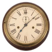 A brass bulkhead clock in an oak mount:, unsigned,