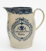 A late 18th/early 19th century blue and white pearlware jug 'Long Live The King': transfer printed