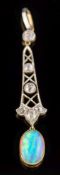 A Belle Epoque opal and diamond pendant: mille-grain set with graduated,
