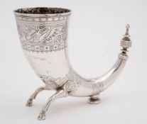 A Danish silver Viking style drinking horn, marks worn: inscribed,