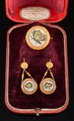 A pair of mid/late 19th century gold and Roman micro-mosaic pendant earrings with matching brooch: