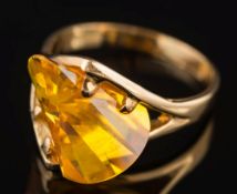 A modern citrine single-stone dress ring:, with double fan-shaped citrine in claw setting,