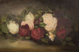 Louise Ellen Perman [1854-1921]- A study of roses:- signed bottom right oil on board 35 x 52.5cm.