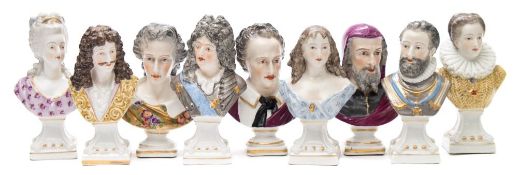 A set of six Samson portrait busts and three similar busts: depicting 'Moliere, Louis XIV,