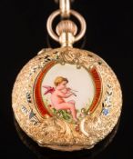 A late 19th century enamelled gold fob watch: the ultramarine enamelled dial with Arabic numerals