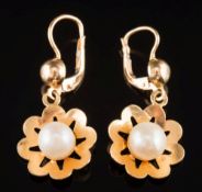 A pair of cultured pearl single stone drop earrings: each cultured pearl approximately 7.