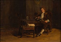 D. L Porter [19th/20th Century]- The Connoisieur:- signed bottom left oil on panel 16 x 24cm.