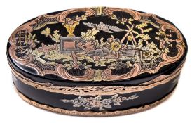 A 19th century tortoiseshell and gold mounted oval snuff box: the cover inlaid in gold and silver