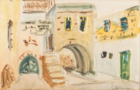 European School [20th Century]- A Continental street scene:- indistinctly signed watercolour over