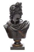 A 19th French bronze bust of the Apollo Belverde: after the Antique, mounted on a socle base,