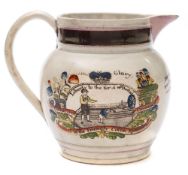 An early 19th century painted and transfer printed pearlware 'Friendly Cotton Spinners' jug: