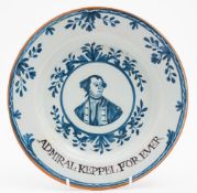 A London delftware 'Admiral Keppel' plate: painted in blue with a head and shoulders portrait of