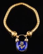 A mid 19th century gold bracelet: of snake-like linking with blue enamelled and rose diamond-set