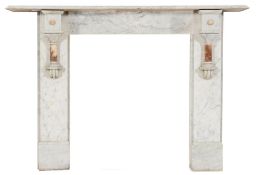 A 19th Century white variegated marble fireplace:, the rectangular shelf with a moulded edge,