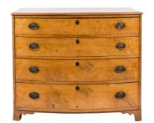 A George III satinwood bow-fronted chest:, the top with a moulded edge,