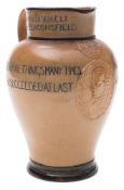 A Doulton Lambeth saltglazed stoneware memorial jug: for the death of Benjamin Disraeli and of