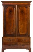 A late 19th Century mahogany and inlaid wardrobe:, decorated with chequer feather banding,