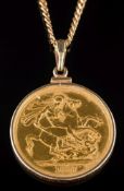 A Victorian double sovereign dated '1887':, mounted as a pendant and on 9ct gold curb-link chain,