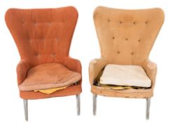 A pair of Ernest Race armchairs:, with curved upholstered button down backs and cushion seats,