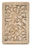 A fine Canton ivory card case: carved with fish, crayfish,