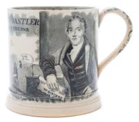 A large mid 19th century pottery cylindrical mug commemorating 'Richard Oastler,