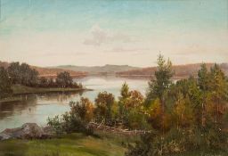 Josephina Holmlund [1827-1905 Swedish]- An upland lakeside landscape with forests:- signed J.