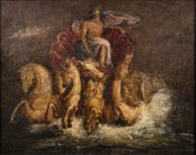 Scandinavian School [18th Century]- Poseidon riding the waves in a horse drawn chariot holding a
