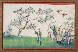 A set of seven unusual Chinese rice paper paintings: depicting shooting scenes,