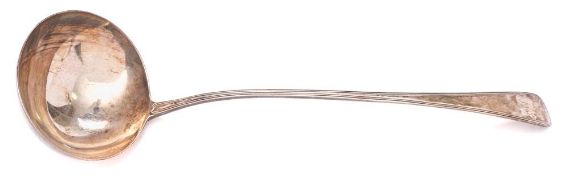 A George III Old English and thread pattern silver soup ladle,