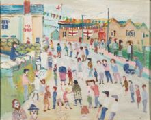 * Fred Yates [1922-2008]- Life Boat Day, Sennen:- signed bottom centre oil on board 44 x 56cm.