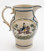 A Prattware 'Prince Cobourg/ Duke of York' jug: with traditional moulded decoration within foliate