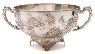 A Chinese silver bowl, maker Wang Hing, Hong Kong: of circular form with rustic handles,