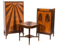 A stylish Art Deco satinwood and rosewood veneered bedroom suite:, with radiating sunburst designs,