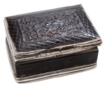 A late 18th/early 19th century white metal and tortoiseshell snuff box: the lid carved with a panel
