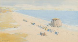 Baragwanath King [1864-1939]- Coastal landscape with beach huts and figures:- signed bottom