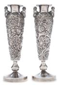 A pair of Chinese silver two-handled bud vases by Wang Hing,