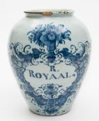 A Dutch blue and white delftware tobacco jar: of ovoid form,