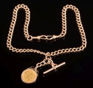 A 9ct gold curb-link chain with attached T-bar and mounted sovereign dated '1889': the T-bar with