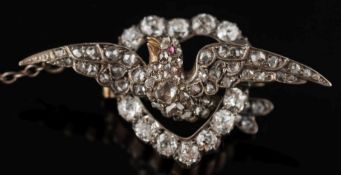 A 19th century diamond and rose diamond 'sweetheart' brooch: set with rose cut and round old