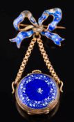 A late 19th/early 20th century enamelled gold fob watch: the circular blue enamelled dial with