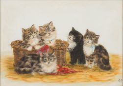 Bessie Bamber [19/20th Century]- Kittens in a basket:- signed with initials and dated 1908 painted