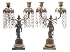 Two 19th century Regency-style parcel gilt bronze candelabra: in the form of cherubs supporting