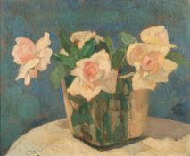 French School 20th Century- Still life of roses:- indistinctly signed bottom left oil on board 40 x
