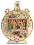 A large Minton Art Pottery pilgrim flask: with ring handles moulded with feathers,