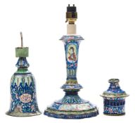 A Canton famille rose enamel candlestick base and two similar candlestick sections: in Imperial